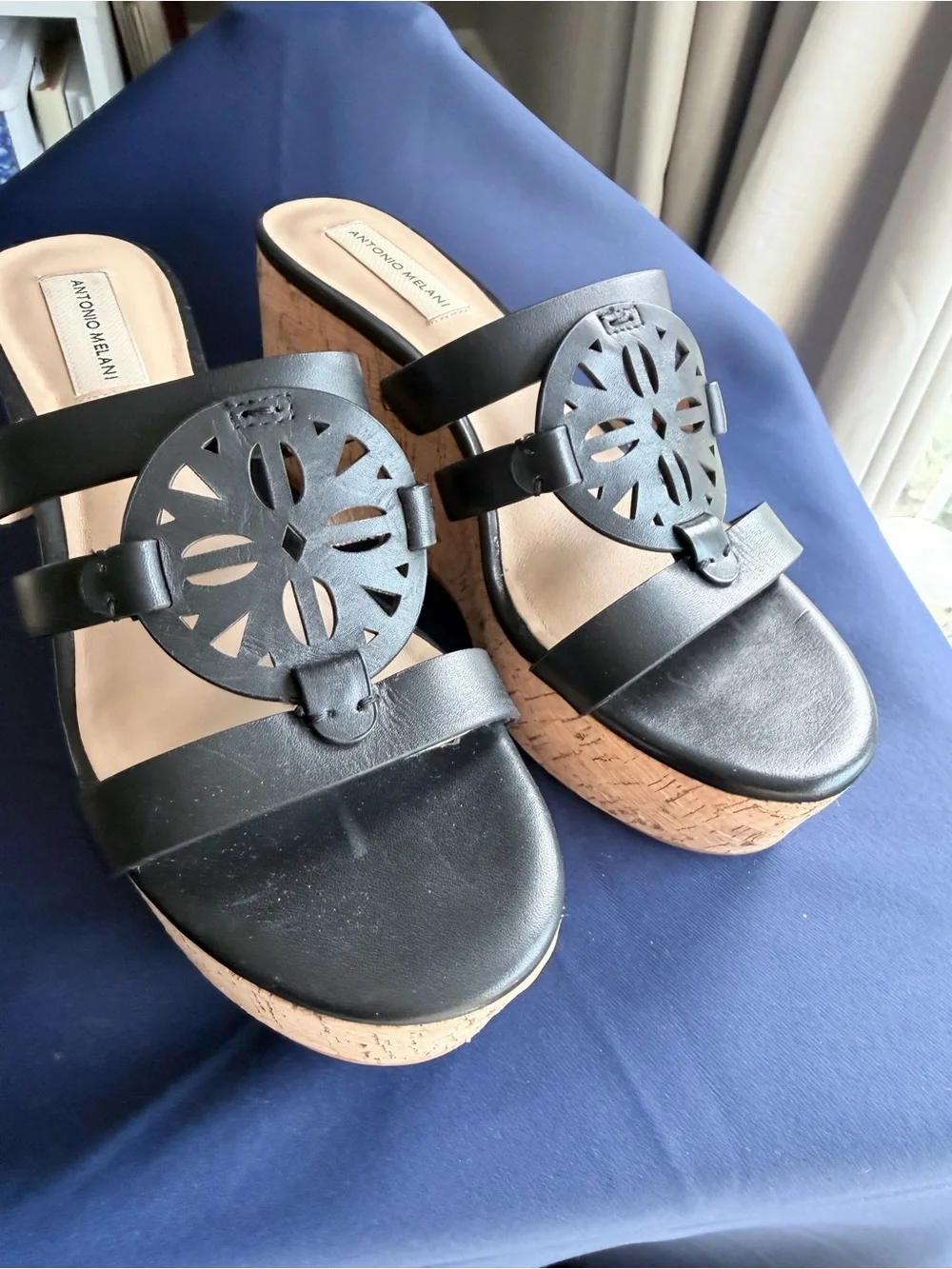 ANTONIO MELANI Black Cork Platform Wedge Sandals
